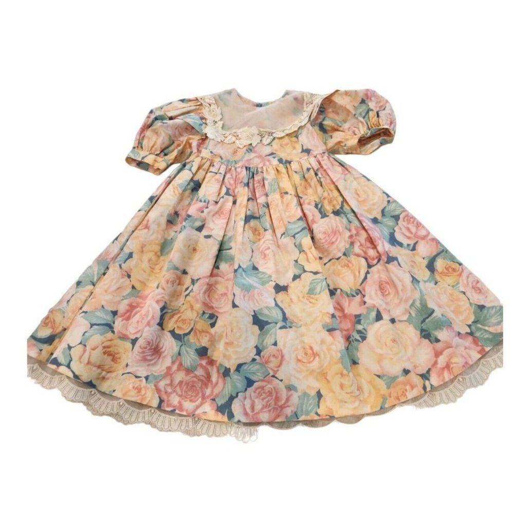 Floral Pastel Girls' Formal Dress with Lace Collar